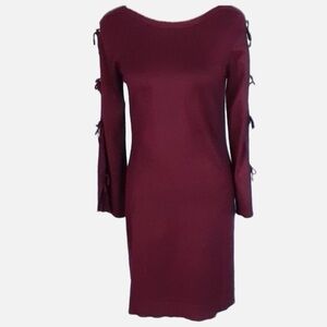 Vince Camuto Burgundy Mid Length Sweater Sheath Dress Bell Sleeve Tie Closure